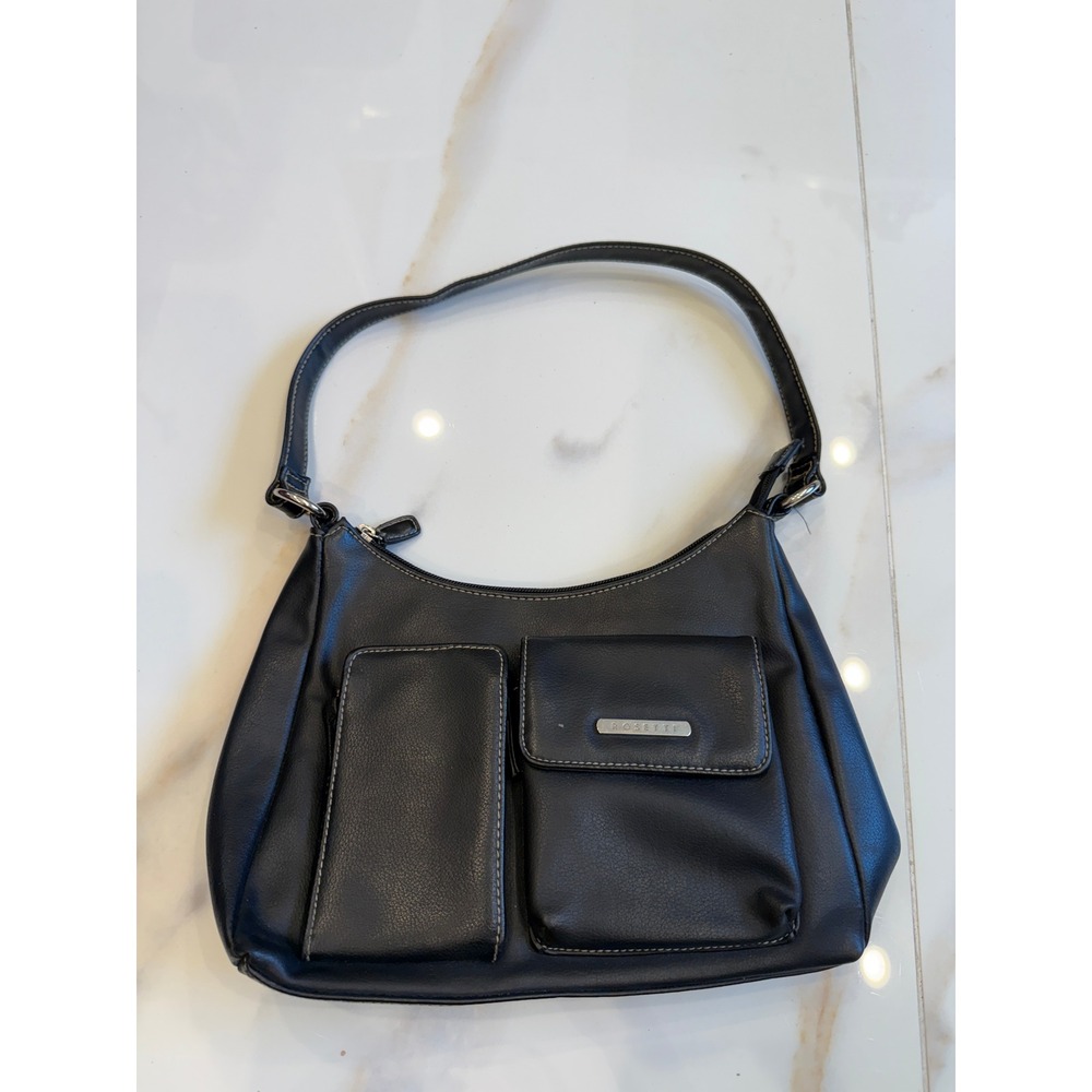 Vintage Rosetti Black Vinyl Shoulder Bag Y2K Contrast Stitch Utility Pocket Hobo